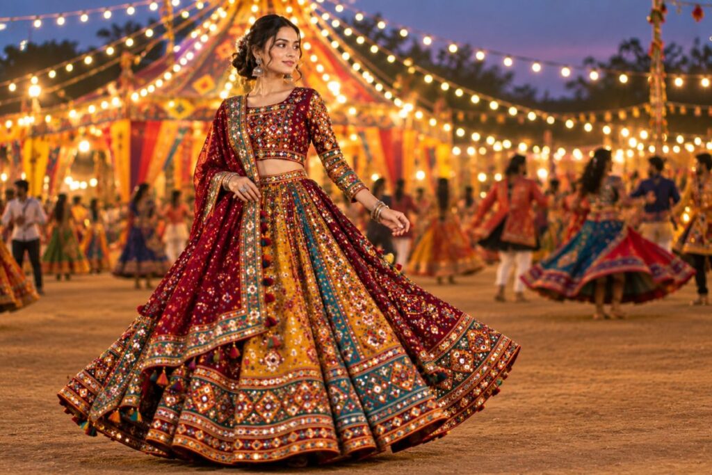 Navratri AI Fashion Prompts featuring a woman in a mirror-work chaniya choli at a festive Garba night