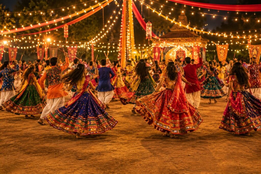 Group dancing Garba at night, an idea for Navratri AI prompts photo edits