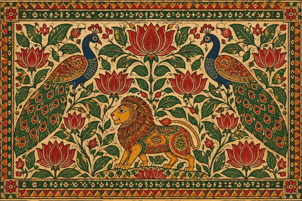 Madhubani-style lotus and lion pattern made with Navratri AI prompts