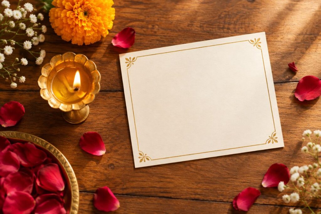 Handwritten greeting card for Navratri AI prompts wishes with a diya and flowers