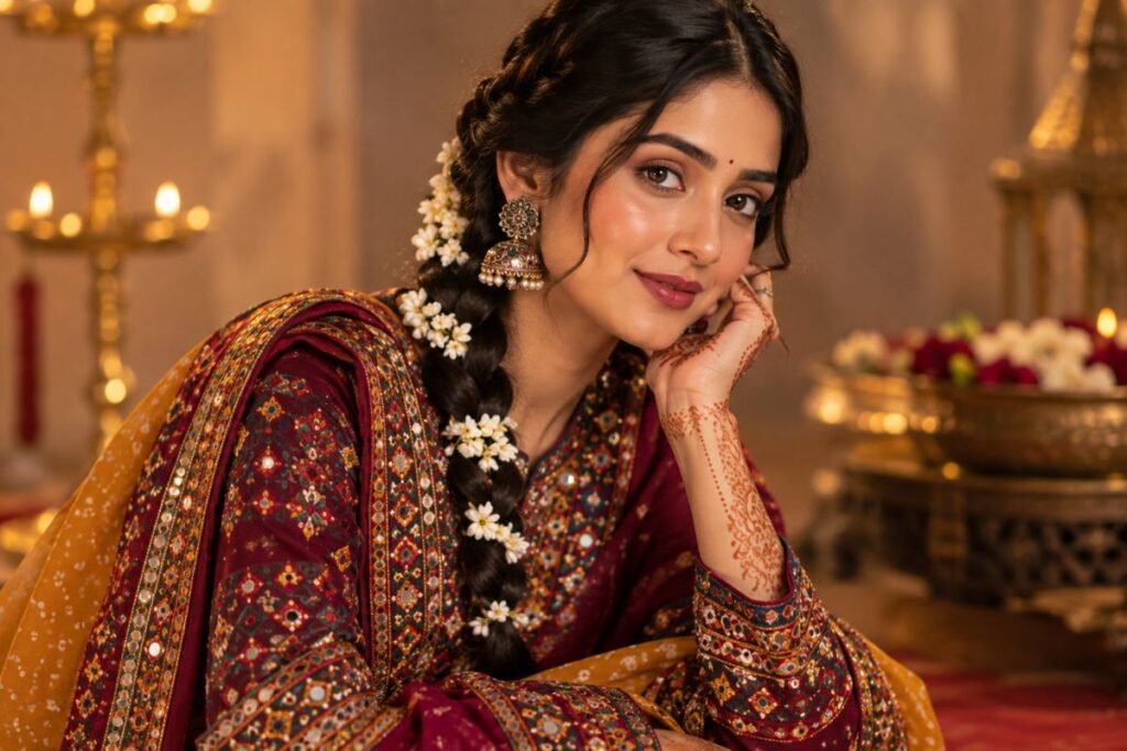 Navratri Hair Makeup and Mehndi Inspiration Navratri hairstyle makeup and mehndi inspiration with festive traditional styling