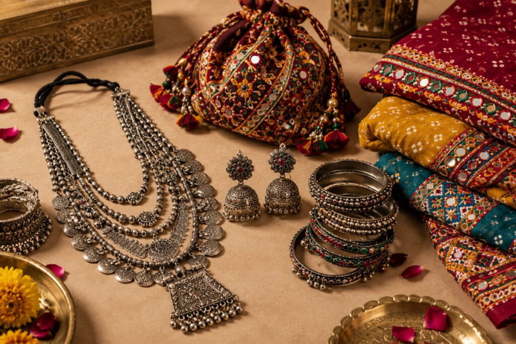 Navratri Jewellery and Accessories AI Fashion Traditional Navratri jewellery including oxidised necklaces, jhumkas and festive accessories