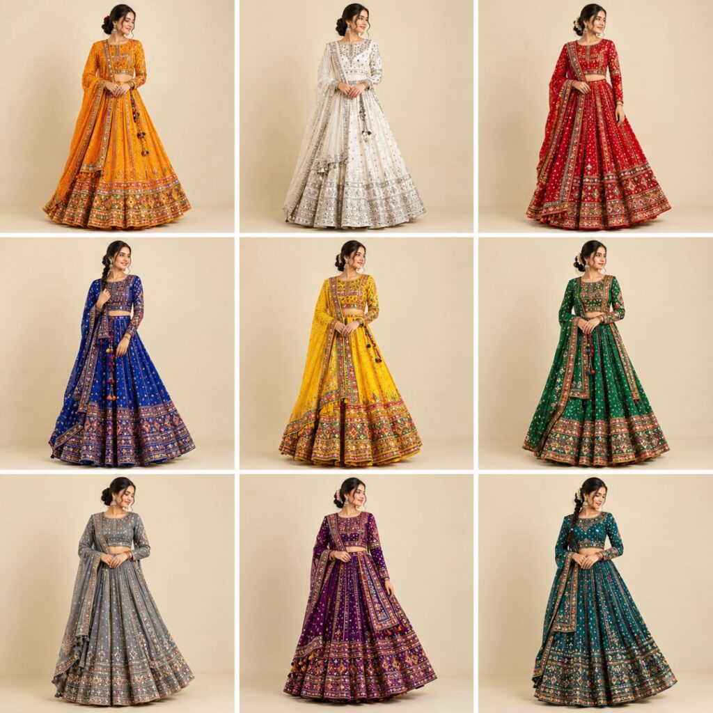 Navratri Nine-Day Colour Fashion Guide Navratri nine-day colour fashion looks in traditional festive outfits