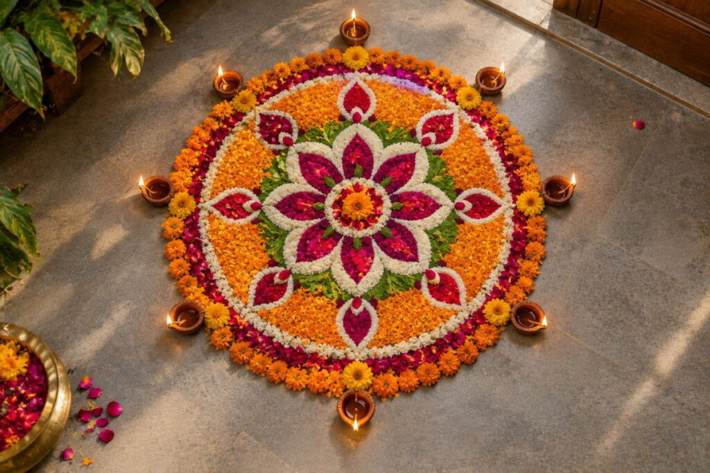 Flower petal rangoli design idea from Navratri AI prompts