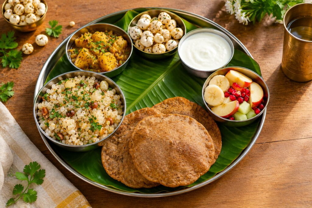 Navratri vrat thali with sabudana and kuttu puri, ideas from Navratri AI prompts