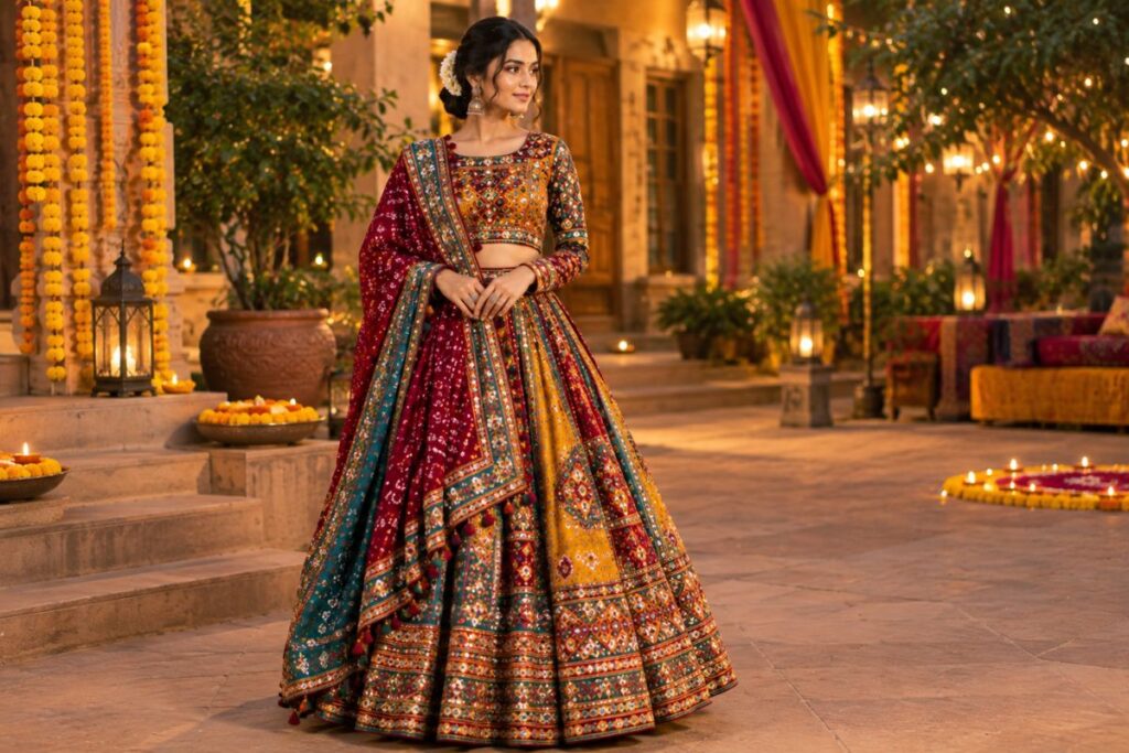 Traditional Chaniya Choli Navratri AI Fashion Traditional chaniya choli with colourful mirror work for Navratri AI fashion inspiration