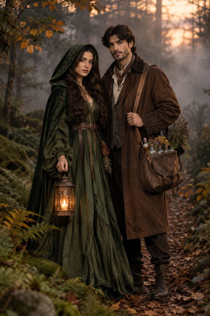 Woodland Witch and Herbalist Halloween Costumes Woodland witch and travelling herbalist Halloween costumes on a misty autumn forest path